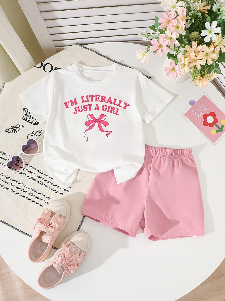Bambina Estate Abbigliamento T-shirt a Manica Corta e Set di Pantaloncini Stampa Lettere Fiocco Outfit Casual