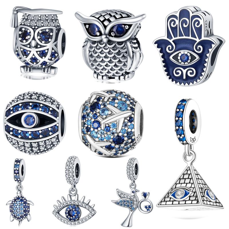 New 925 Sterling copper Blue Zircon Eyes Owl Turtle Bird Ring Pyramid DIY Beads Fit Original Pantaro Charms Bracelet DIY Zircon