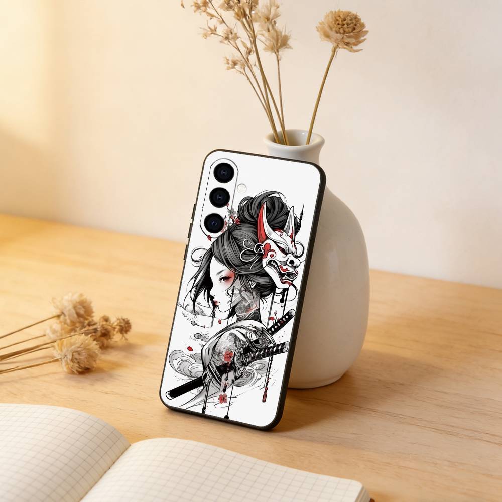 Samurai Warrior Geisha Phone Case For Samsung Galaxy A73,A72,A71,A70,A53,A52,A51,Others Soft Black Cover