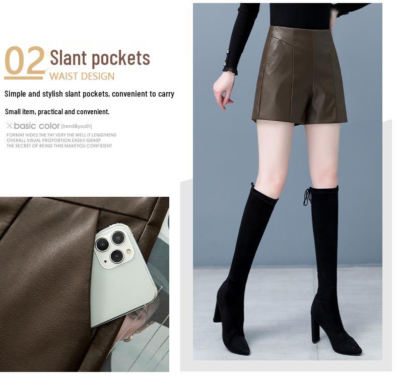 New Women's High-Waist Leather Bootcut Shorts - 2025 Autumn/Winter Sheepskin Outerwear