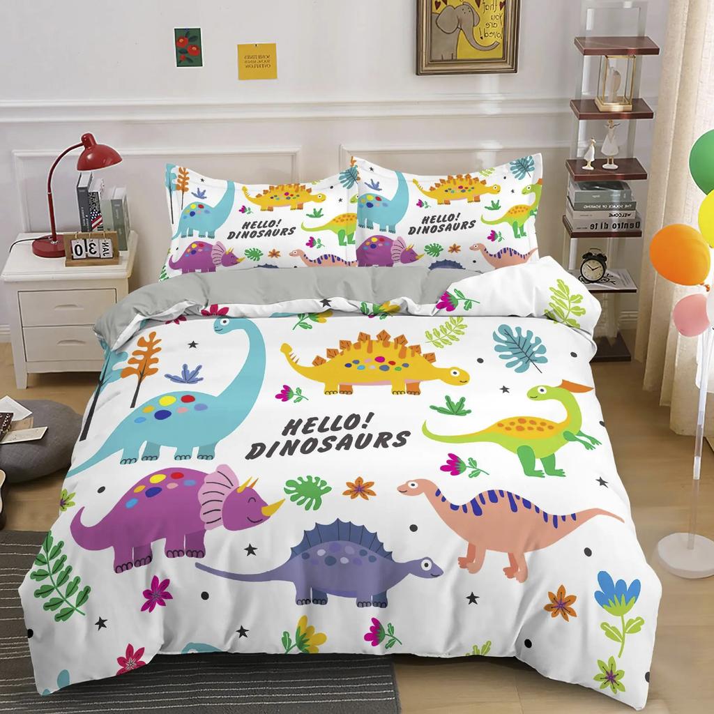 Cute Dinosaur Duvet Cover Kids 3D Cartoon Animal Bedding Set Full/Queen Microfiber Quilt Cover For Boy Girl Child Bedroom Decor