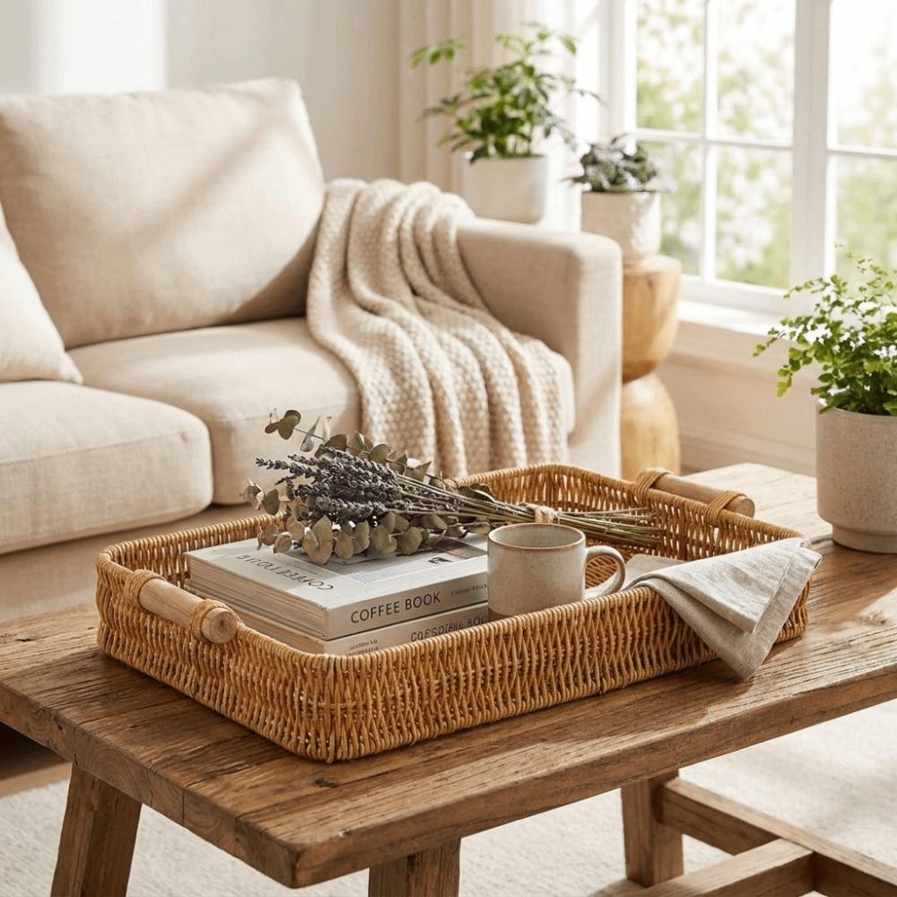 Rectangular Woven Storage Basket Shallow Bin Food Plate Snack Plate Handwoven Basket Kitchen