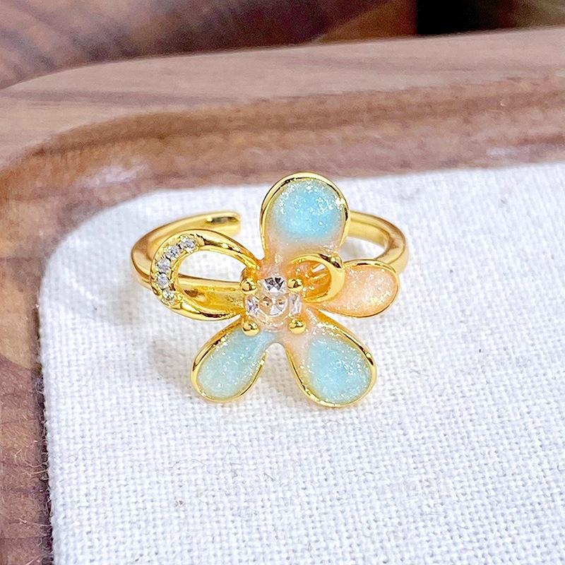 Medieval Vintage Flower Butterfly Enamel Diamond Open Ring Stacked With Niche High-End Light Luxury Ring Woman