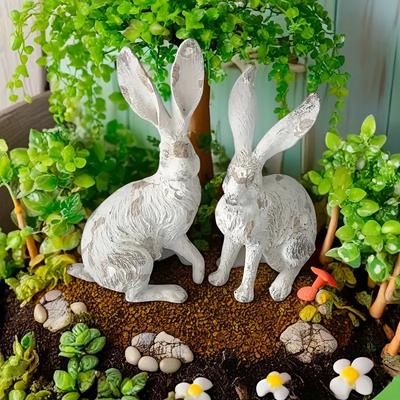 2 Vintage Style White Rabbit Resin Sculptures for Antique Decoration In Gardens and Balconies