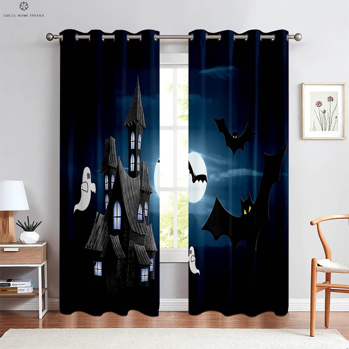 

Cartoon Print Drapes and Horror Skull and Pumpkin and Bed Room and Living Room and Restaurant and Holiday Party and Ornamental and 2 Pcs W50xH130(CM)x2PCS&Grommet Top