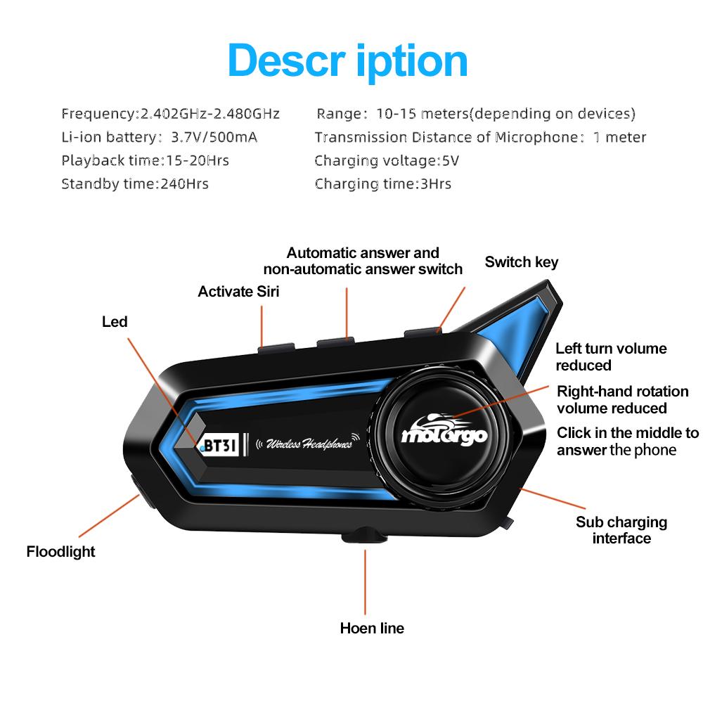 Motorgo BT31 Bluetooth 5.3 Motorcycle Helmet Headset - 48H Battery, LED Light, HD Audio with Voice Control