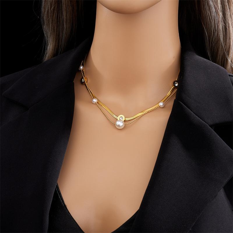 18K Gold Plated Double Layer Herringbone Necklace with Pearl CZ, Dainty Snake Chain Choker, Adjustable Jewelry for Women Daily Wear Gift