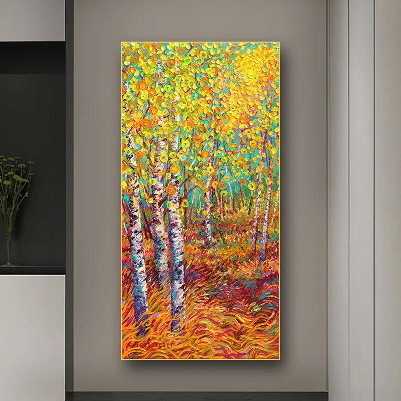 Abstract Birch Forest Canvas Painting Tree Snow Scenery Posters and Prints for Porch Living Room Decoration Cuadros Wall Art