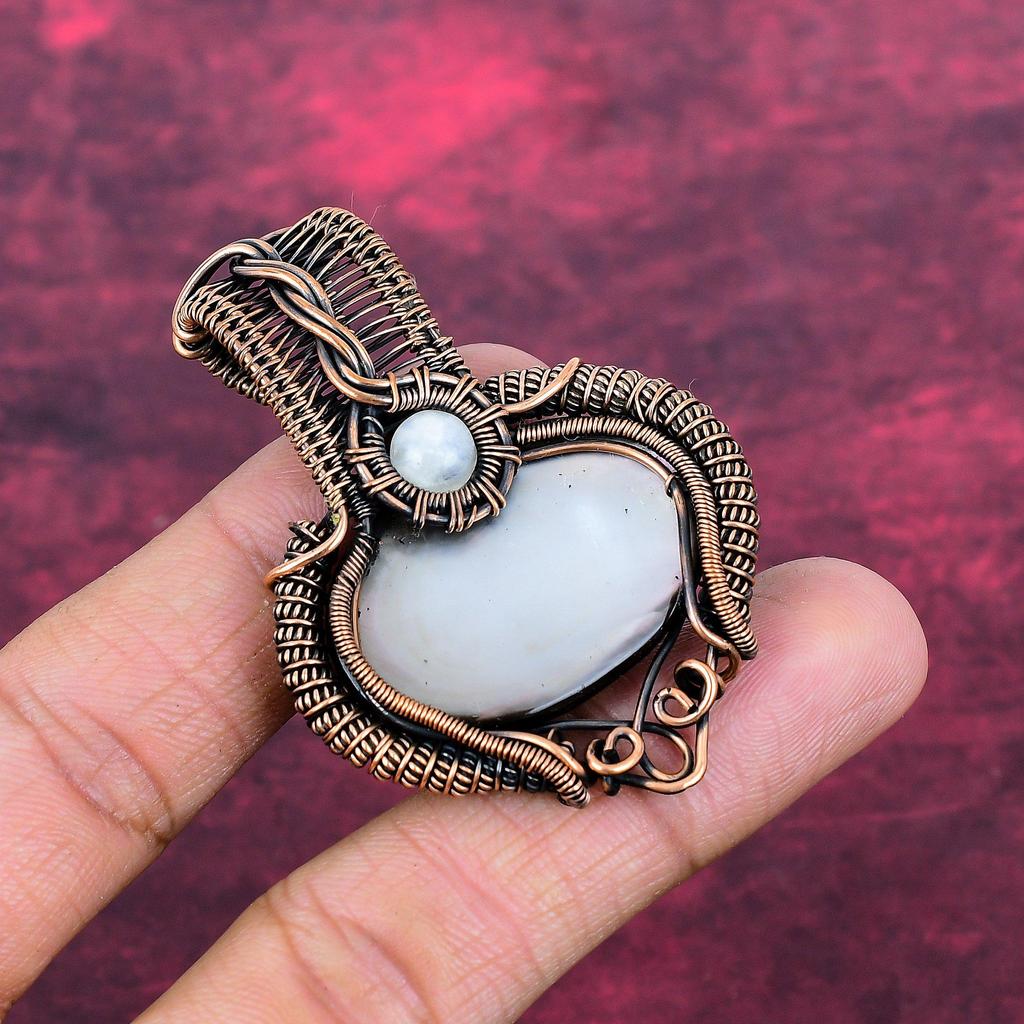 Black Mother Of Pearl Gemstone Pendant Copper Wire Wrapped Rainbow Moonstone Jewelry