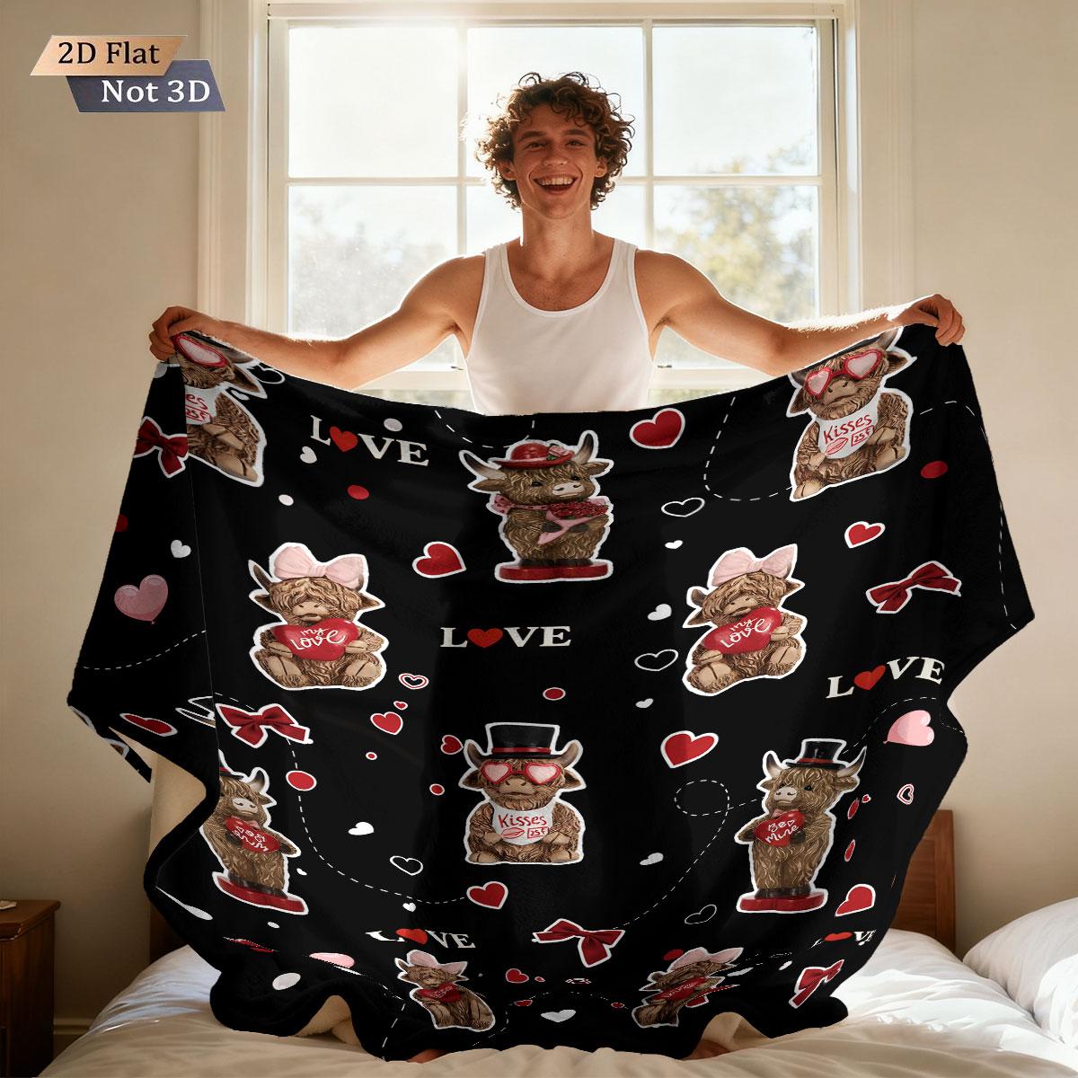 1pc Pink Valentines Day Romantic Highland Cow Print Flannel Blanket Multiple Sizes Soft Comfortable Casual Machine Washable 75x100cm (30x40inch)