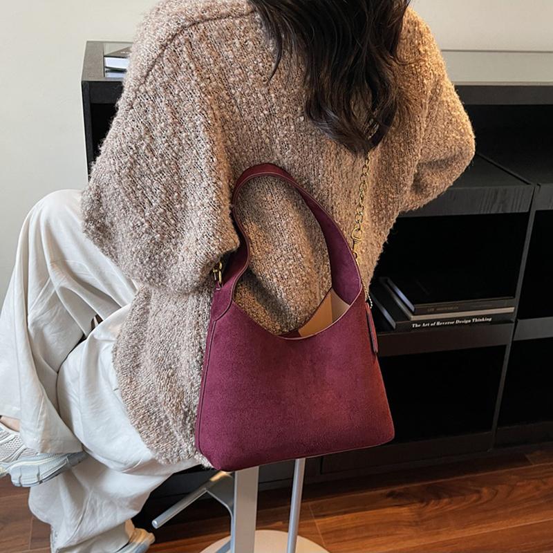 Yogodlns Women's Suede Handbags Solid Frosted Pu Leather Handle Bucket Bags Large Capacity Female Casual Soft Chain Crossbody Packs