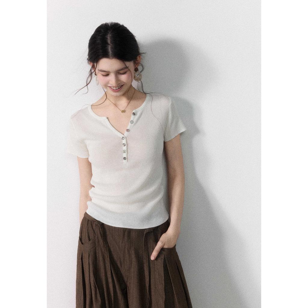 Eryang [Moyi] Gentle Temperament Semi-open V-neck Short-sleeved Knitted Sweater for Women, Slim and Thin Temperament Top
