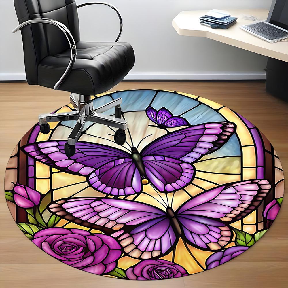 1pc Butterfly StainedGlass Office Round Area Rug, Under Office Chairs Bedroom Living Room Home Decor, Room Deco