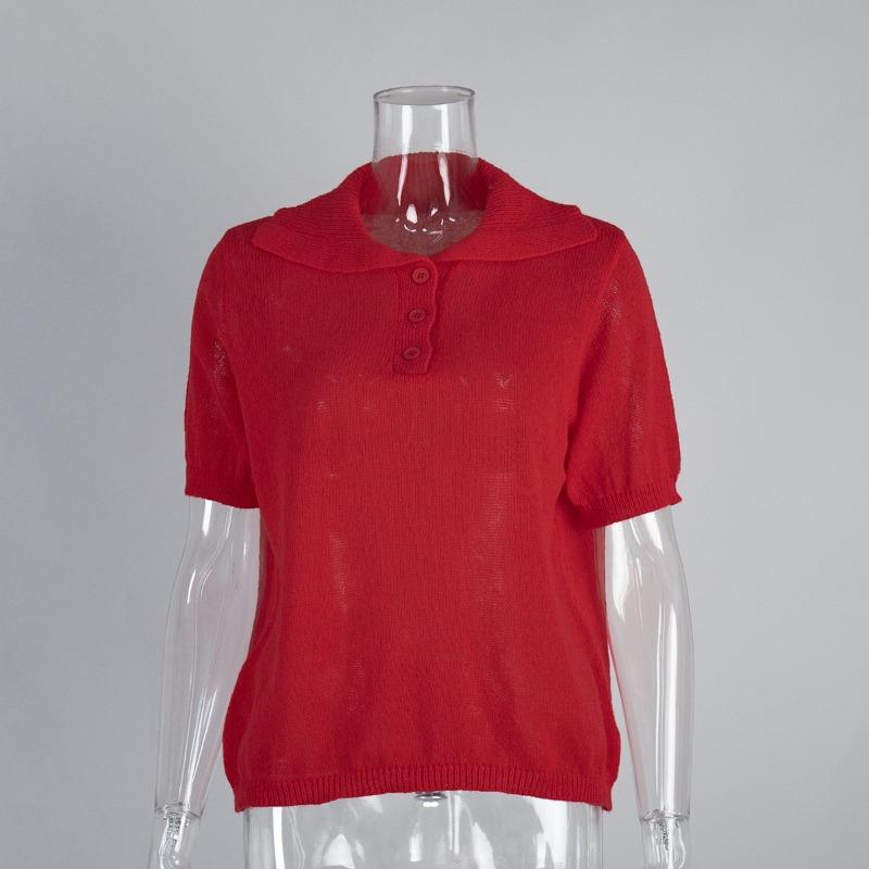 Suéter calado de punto de manga corta 2025 otoño y verano nuevo camiseta de manga abullonada suéter de punto simple mujer