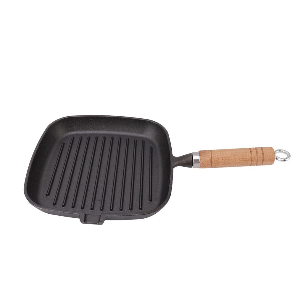 Cast Iron Skillet with Wooden Handle Square Uncoated Nonstick Cast Iron Grill Pan for Meats Steak Fish