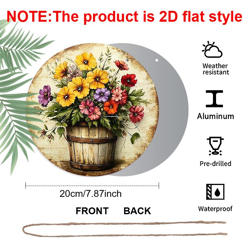 [Vintage Floral Sign] 2D Flat - 1pc Vintage Round Aluminum Sign Featuring a Bouquet Arrangement.This Colorful Floral Display Serves As Rustic Metal