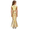 Girls 70s Disco Costume 2 Piece Set Metallic Gloss Sequins Sleeveless Top Split Bell Bottom Pants