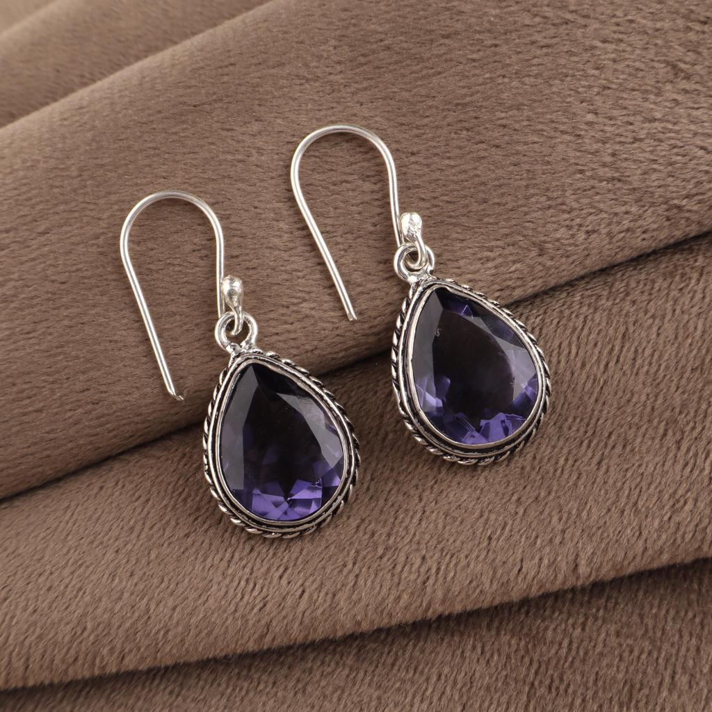 Iolite Gemstone 925 Sterling Silver Handmade Bezel Set Earrings 1.5" Partywear Earrings Jewelry AEE-2-9