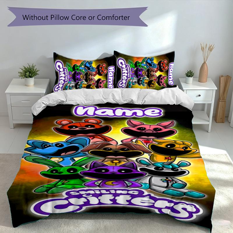 3pcs Custom Name Smiling Critters Bedding Set,Includes 1 Duvet Cover and 2 Pillowcases,All-season Bedroom Decor