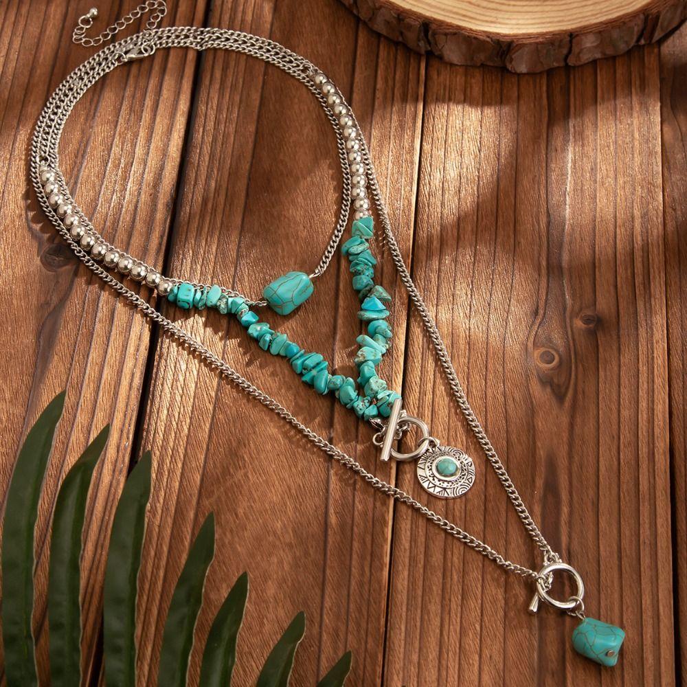 1 SET Stacked Multilayer Turquoise Necklace Ethnic Style Bohemian Style Clavicle Chain  Gift