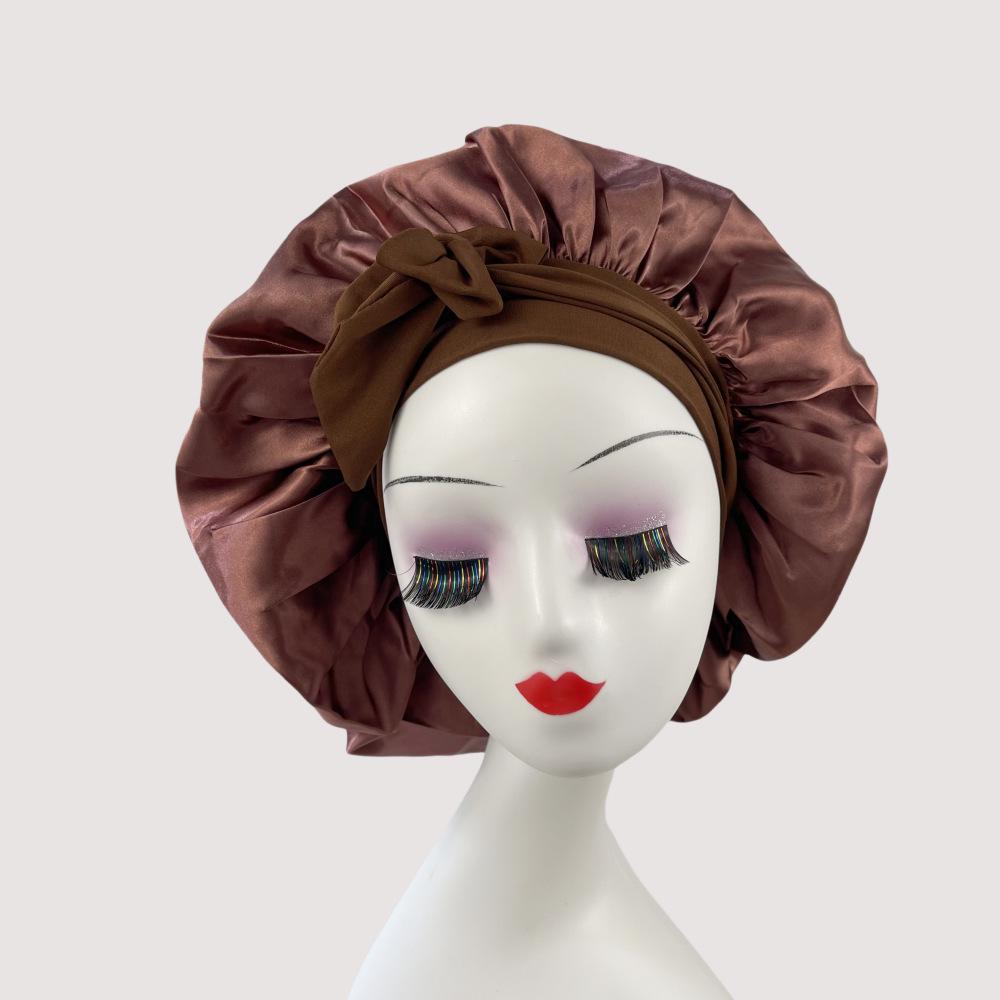 Silk Satin Sleep Cap with Ribbon Bow for Women - Elastic Wide Brim Bath Headscarf Hat for Hair Care