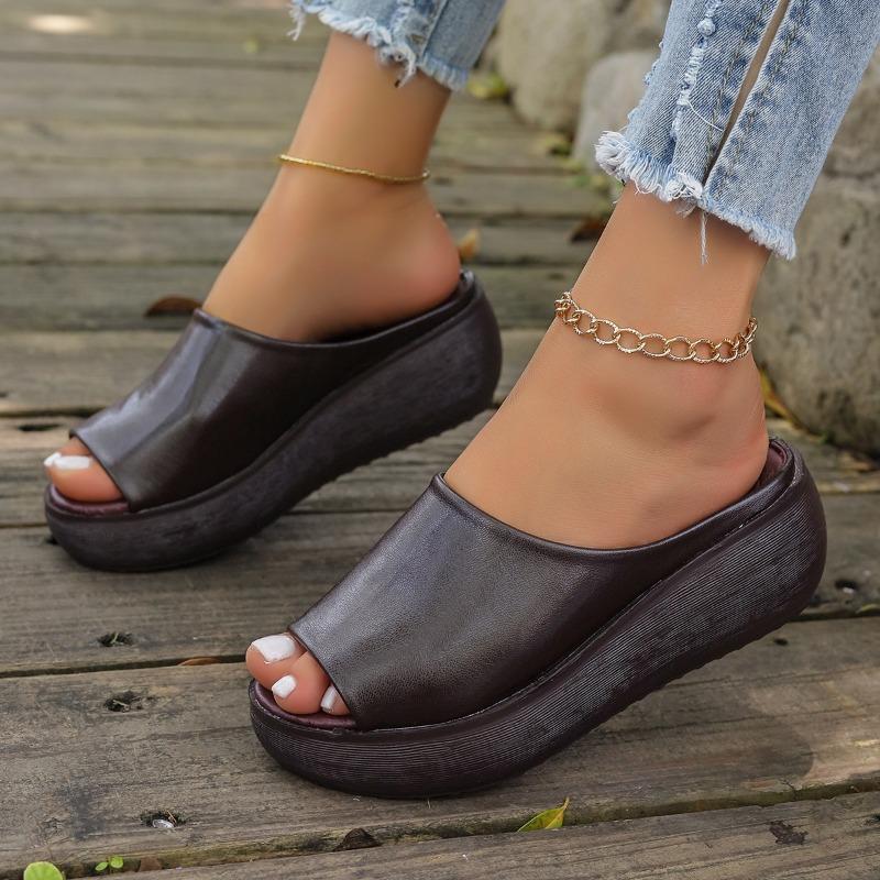 fashion 2024 Women Summer New Wedge with Fish Mouth One Word Drag Thick Bottom Women's Slippers Shoes