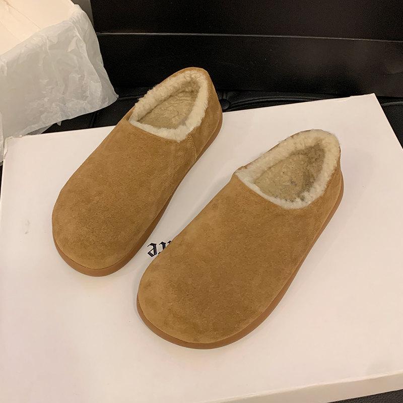 Retro outer cotton shoes women's small potatoes autumn and winter round head flat bottom bag head half slippers fluffy shoes warm and comfortable