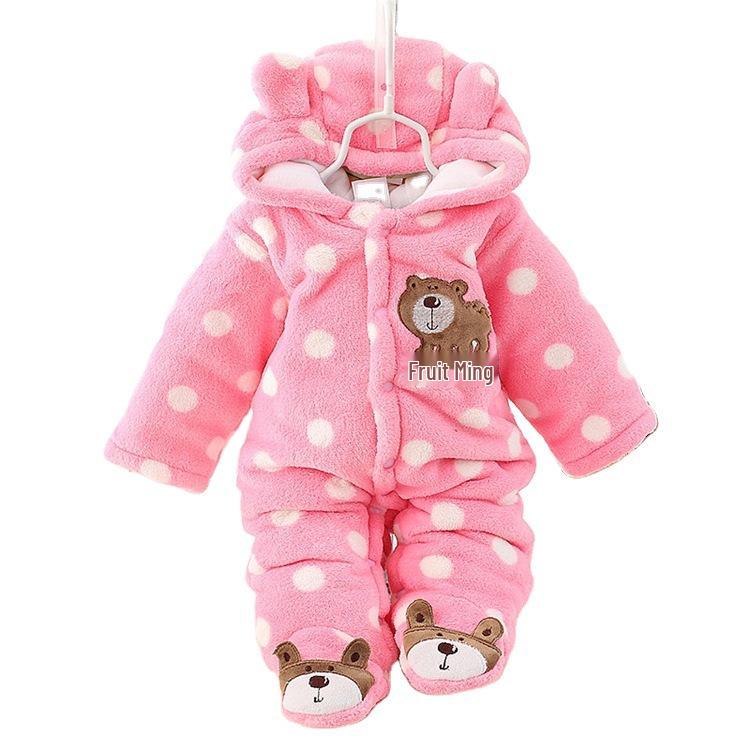 Polka Dot Bear Footed Baby Romper - Coral Fleece Crawling Suit for Autumn and Winter