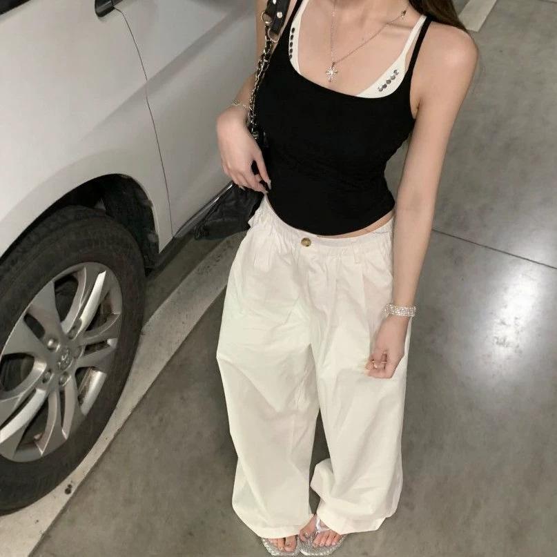 Fake two-piece rivet contrasting color sling vest women's summer American sweet spice girl slim and thin niche chic small top