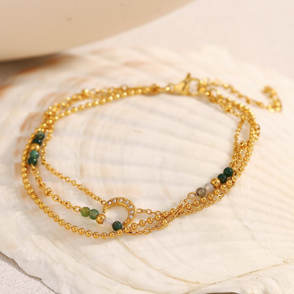 MamacitaSlay 316L Stainless Steel Natural Stone Moon Three Layer Chain Bracelet Party Waterproof Jewelry Women's Charm Bracelet
