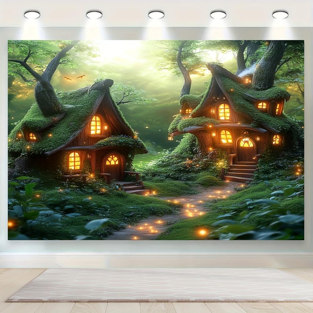

Enchanted Forest Tapestry Cozy Tree Houses with Glowing Lights for Fantasy Home Decor Perfect Wall Art for Living Room or Kids 74x94cm(29x37in)