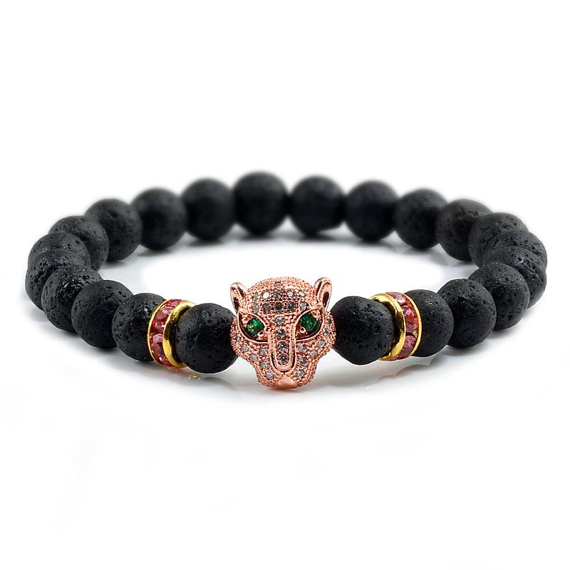 Volcanic Stone Beads Bracelet with Leopard Head and Diamond Circle - Trendy Elastic Hand Ornament