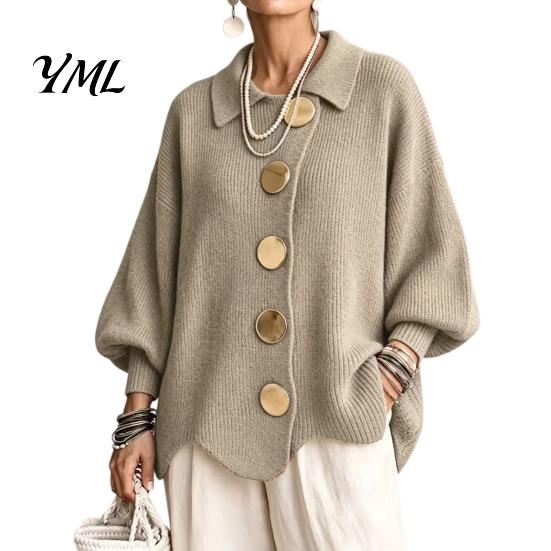 Women Knit Cardigan Oversized Sweater, Collared Top with Large Metal Relaxed Fit Buttons, Loose Lantern Sleeve Casual Sweater for Spring Autumn Button
