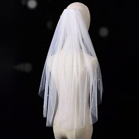 Bridal Veil with Faux Pearls Embellishment Women Lightweight Breathable Tulle Bride Veil Lightweight Short Bridal Veil