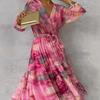 Pink V Neck Tie Waist Floral Print Maxi Dress with Ruffle Hem