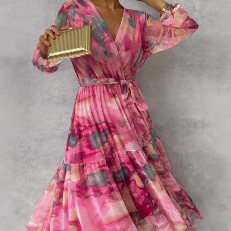 Pink V Neck Tie Waist Floral Print Maxi Dress with Ruffle Hem