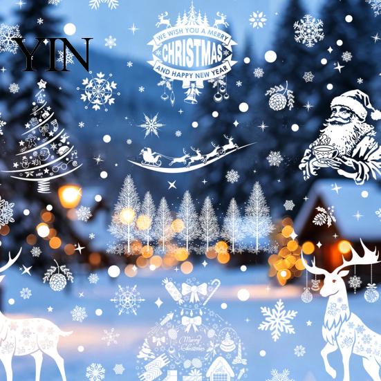 Removable Holiday Glass Decorations 6Pcs Christmas Window Clings, Retro White Line Static Sticker for Snowflake Stickers Decoration, Reusable PVC Elk