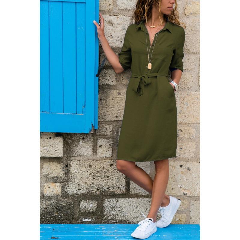 Damen Casual Psrty Loose Dress Vestidos Umlegekragen Schärpen Robe Knielanges Kleid Plus Size