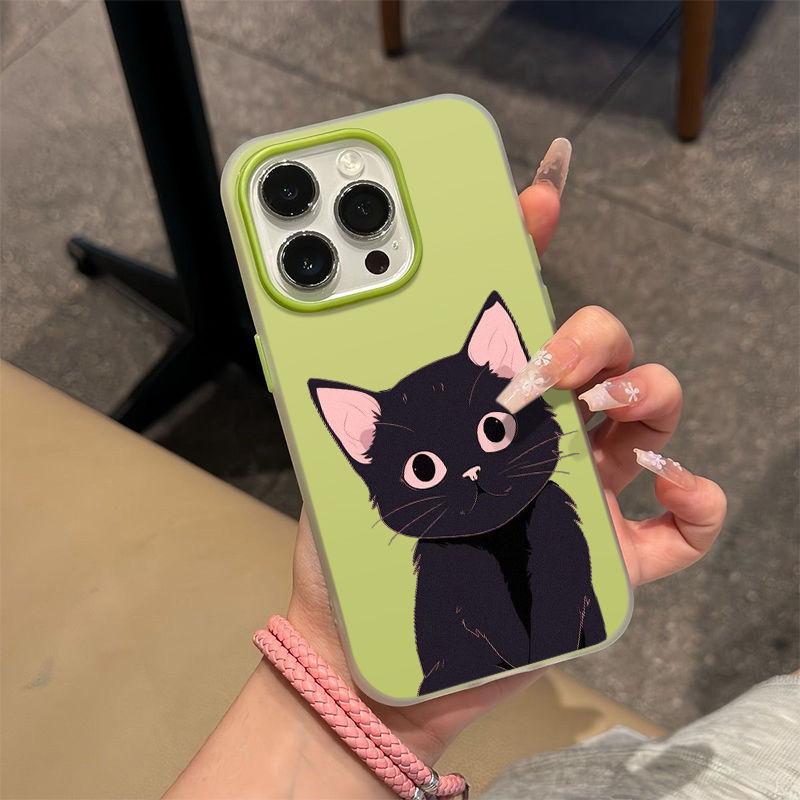Black kitten applies to Apple 16/17promax mobile phone case iPhone15 skin matte 14 jelly Air case