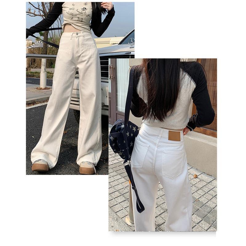 Pantaloni di Jeans Casual da Donna Bianchi a Vita Alta Larghi Gamba Dritta