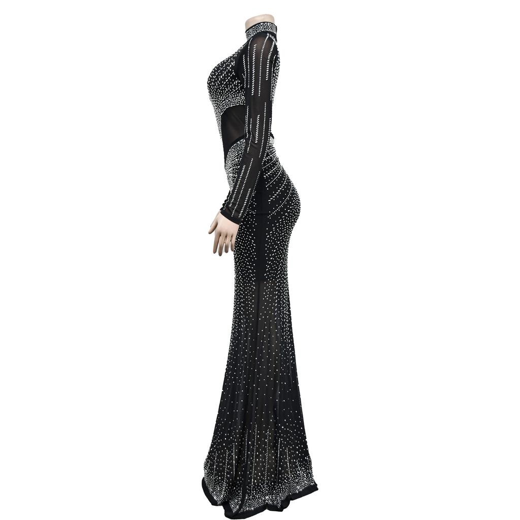 Fashion Women's Dress Solid Colour Mesh Drill Long Sleeve Long Dress