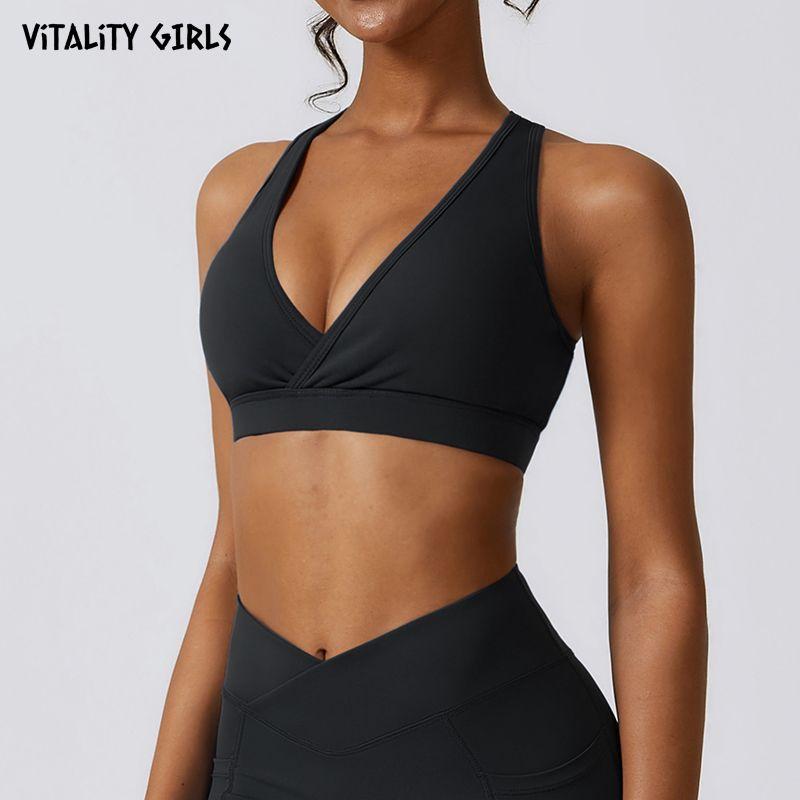 

Vitality Girl European and American Workout Clothes Yoga Underwear Front V I-Shaped Back Sports Bra Beauty Back Push up Shock Relief S Black