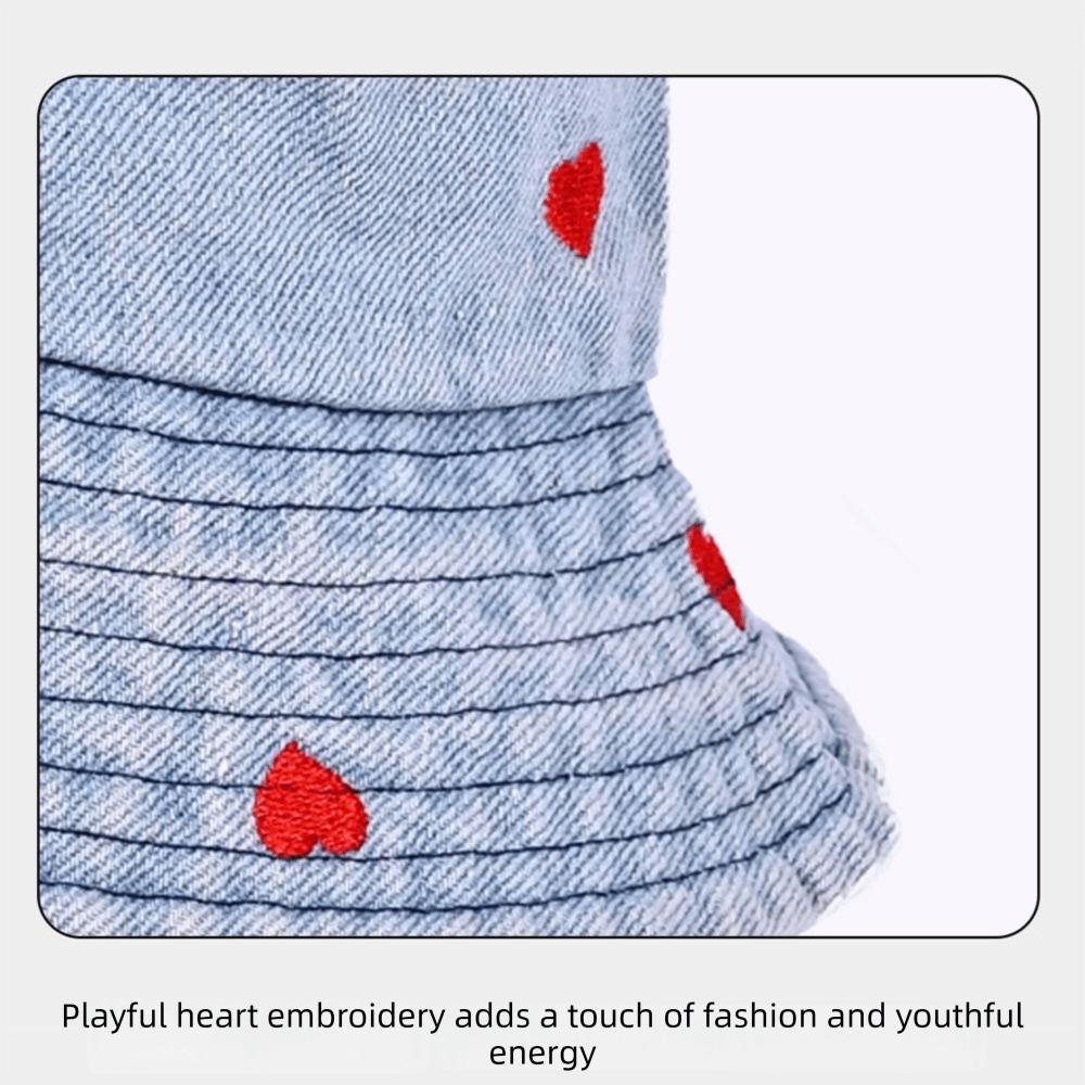 Love Heart Embroidery Denim Fisherman Hat Retro Sun Protection Hat Fashion Bucket Hat Women