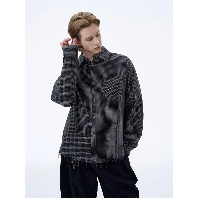 Kisko American Retro Classic Plaid Frayed Lazy Long-Sleeve Shirt Unisex Design Loose Shirt Jacket