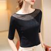 Mid-sleeved T-shirt for Women's Autumn Women's New Sexy Transparent Bright Silk Mesh Shirt Temperament One-shoulder Top