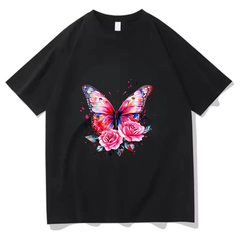 

Forest Style Fresh Butterfly Rose TShirt Watercolor Flower Print Cotton Tee Nature Lover Casual Top Women Clothing T Shirts S
