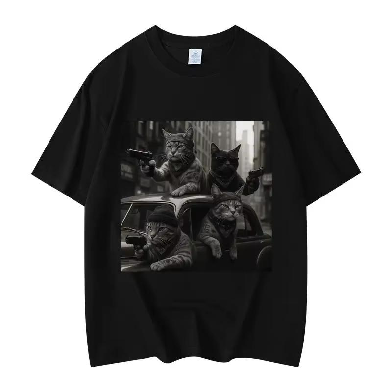 Mens and womens fashionable retro short sleeved Tshirt highquality oversized Tshirt fun cat help Meme pattern Tshirt