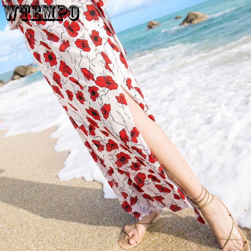 WTEMPO Women's Summer V-neck Dress Seaside Resort Print Beach Dress Bohemian Waist Dress Temperament Loose Backless Floral Dress
