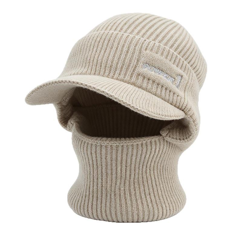 Winter men's integrated knitted hat with brim scarf face protection pullover hat outdoor cycling warm middle-aged and elderly wool hat