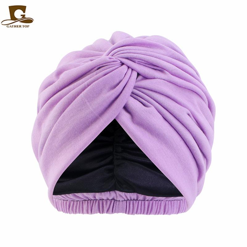 Simulation silk lined headscarf cap, cross twist cap, solid color chemotherapy cap, nightcap, soft cloth cap JDTC